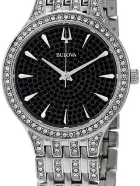 Bulova Silver Watch With Black Textured Dial And Crystal Accents